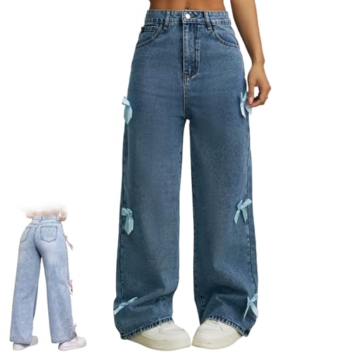 Bow Jeans for Woman Teen Girls Baggy Jeans High Waisted Straight Leg Pants