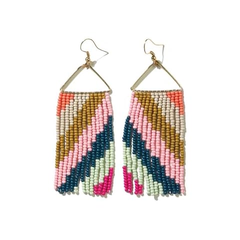 INK+ALLOY Beaded Boho Earrings for Women, Whitney Medium Fringe Dangle Statement Earrings, Handmade Jewelry for the Modern Bohemian, 3.25-Inch Length (Rainbow Diagonal Stripes) Cover