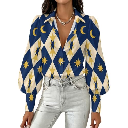 Flowy Women's Button Up Lantern Sleeve Top Vacation Blue White Harlequin Celestial Moon Star Pattern L