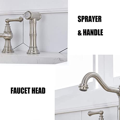 Vccucine Bridge Kitchen Faucet, 4 Hole Kitchen Faucet With Side Sprayer, Antique Brass 8 Inch Centerset 2 Handle Farmhouse Sink Faucet, Stainless Steel Kitchen Faucets For Sink 3 Hole #TOP4