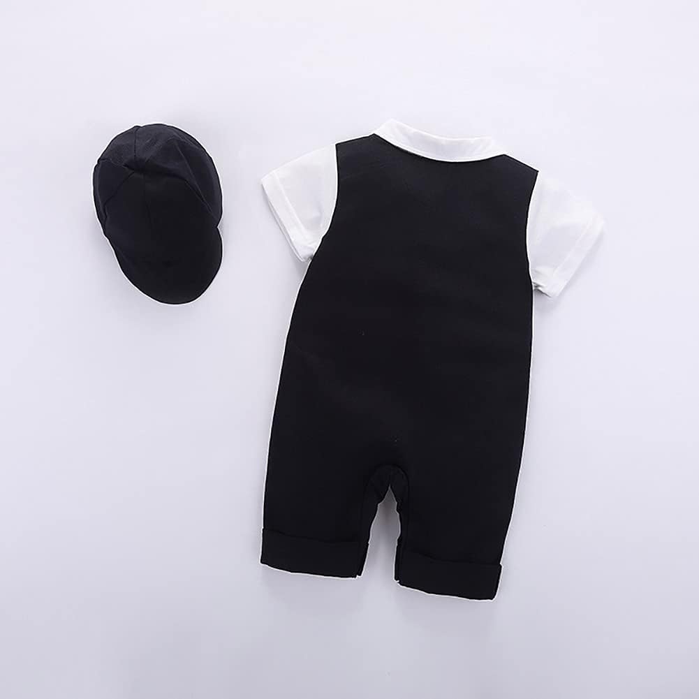 IDOPIP Baby Boy One-Piece Romper Short Sleeve Jumpsuit Gentleman White Shirt Bowtie Tuxedo Birthday Outfit Formal Suit + Hat 12-18 Months Black + Hat image 5 of 5 B0991M6GM6