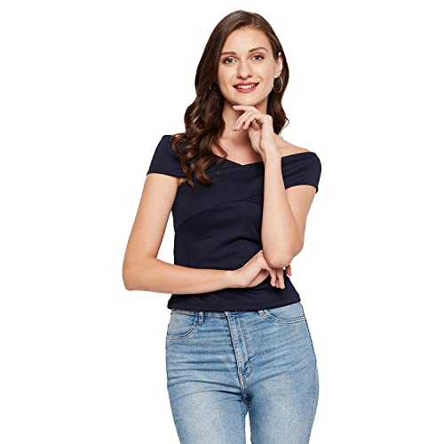 Image of LE BOURGEOIS Women Solid Slim Fit Western Off-Shoulder Short Sleeve Crop Top