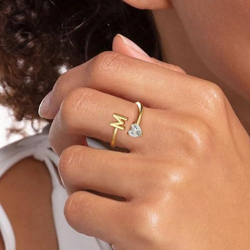 Gold Initial Rings for Women Girls - 18K Gold Plated Adjustable Letter A-Z Initial Ring Dainty Heart Zirconia Rings for Women Teen Girl Gifts3
