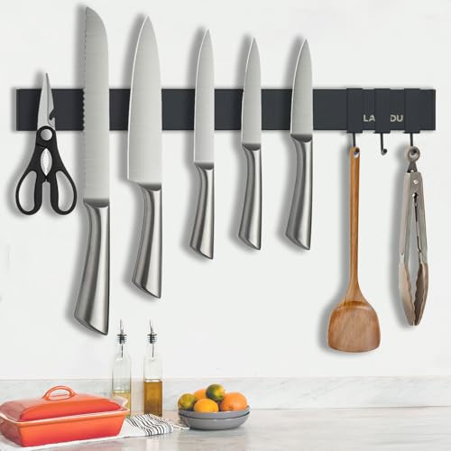 16-inch Wall Magnetic Knife Holder with 3 Hooks – Black