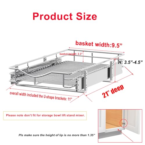 DINDON 1 Tier Pull Out Cabinet Organizer (11" W x 21" D) Heavy-Duty Metal Sliding Drawer Shelf, Slide Out Wire Basket for Kitchen Cabinets, Pantry, Bathroom, Chrome Finish… by DINDON - Image 2