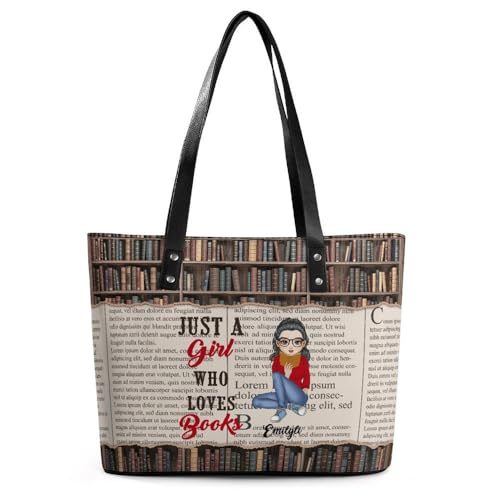 MYZQIFF Personalized Just a Girl Who Loves Books Leather Bag, Customized Name Reading Book Tote Bag Gifts for Book Lover Women Reader, Reading Accessories, Librarian, Bookish,Teacher Present
