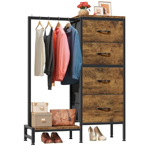 Image of HIGDBFE Dresser with Hanging Rack, 4 Drawers Small Closet for Bedroom, Reversible Fabric Kids Chest of Drawers with Clothes Rack, Tall Storage Tower, Sturdy Frame, Rustic Brown, 44''H