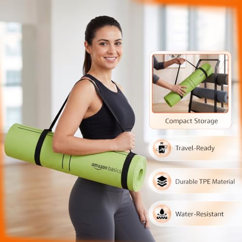 Image of Amazon Basics Alignment TPE Yoga Mat with Yoga Strap | 6 mm Thick | Non-Slip Grippy Surface | Guide Line Alignment for Posture Accuracy | Lightweight & Durable Rubber-Like Material | Floor Protection | Ideal for Yoga, Pilates & Fitness | 183 X 61 cm | Emerald