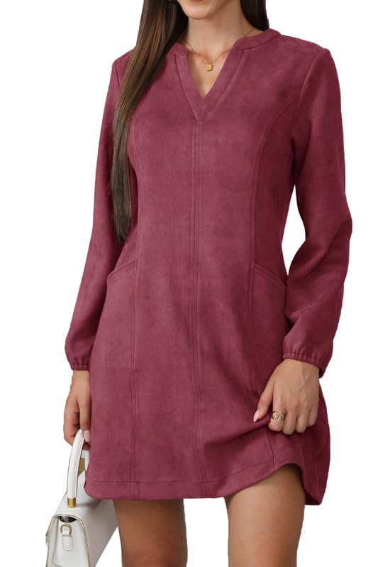 JayscreateEU Damen Kleid Mit Taschen Langarm V-Ausschnitt Herbstkleid Winterkleid Damen Knielang Tunika A Linien Shirtkleid Mit Taschen Langarm Autumn...