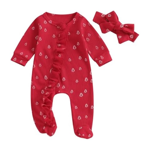 Afunbaby Newborn Christmas Outfit Girl Boy Zipper Footie Romper Jumpsuit Ruffle Waffle Knit Onesie Xmas Clothes (Newborn,A red Christmas Tree) Cover