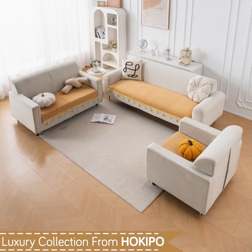Image of HOKIPO 'Serenity Tassel' Chenille 1 Seater Sofa Cover with Tassel - Sunlit Amber (IN-890-GLD)