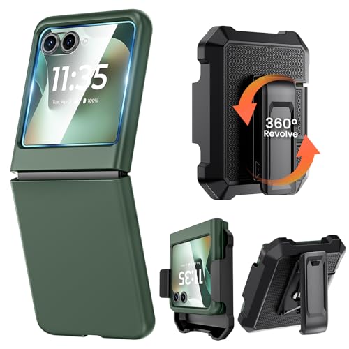 Caka for Motorola Moto Razr 2026/2025/2024 Case with Clip and Screen Protector [NOT for Plus or Ultra], Slim Thin Flip Phone Cover and Belt Hip Holster Combo Accessories for Razr 50 & 60 & 70 - Green