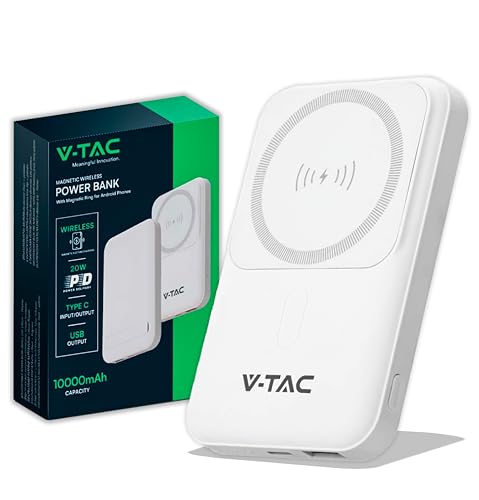 V-Tac Power Bank Magnetico Compatibile Con Magsafe - 10000 Mah - Ricarica Rapida Pd 20W - Batteria Esterna Per Apple Iphone 12/13/ 14/15 / Mini/Pro/Ma