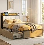 LIKIMIO Twin XL Bed Frame with 2 Storage Drawers, Charging Station & LED Lights, Boucle Upholstered Platform Twin XL Bed with Storage Headboard, No Box Spring Needed, Easy Assembly, Cream