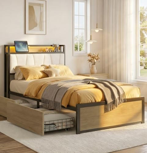 LIKIMIO Twin XL Bed Frame with 2 Storage Drawers, Charging