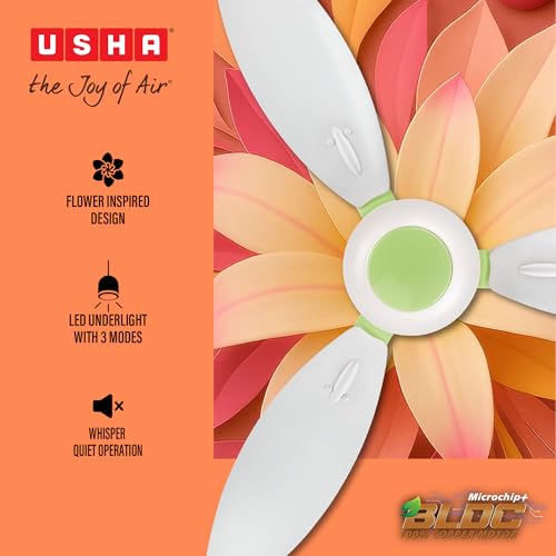 Image of USHA Bloom Lily Glow BLDC Ceiling Fan with 3-Mode Underlight | RF Remote | 100% Copper Motor | Whisper-Quiet |Dust-Resistant |BEE 5 Star Rated |3-Year Motor & 2-Year PCB Warranty | White & Light Green