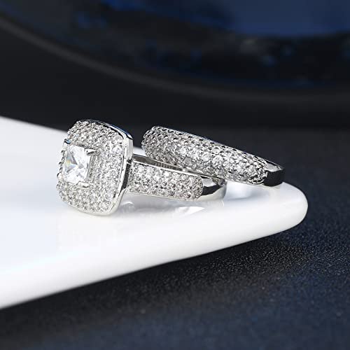 Double Fair 2 Piece Wedding Ring for Women 1 Carat Princess Cut Cubic Zirconia Engagement Promise Bridal silver Band Fashion Cute White Gold Plated Ring Set Gift Jewelry4