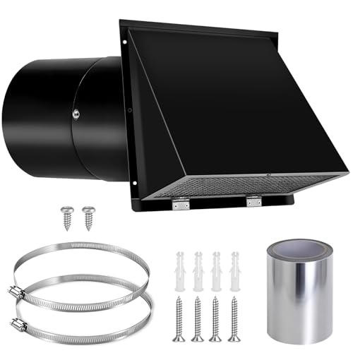 8 Inch Wall Vent Cover with Hood, Screen & Damper, Outdoor Wall Exhaust Vent Cover for Kitchen Range Hood & HVAC Duct, Galvanized Steel, Black by URYKEC - Used condition - US$30.49