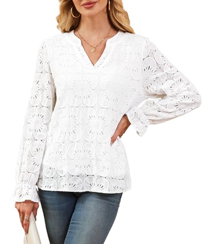 RUMIA Long Sleeve Shirts for Women Fall Fashion Clothing 2025 Eyelet Lace Tops Dressy Casual Blouses V Neck Embroidered Blouse Lining White Shirts M