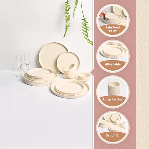 Image of MARKET 99 Heavy-Duty Matte Minto Cream Sparkle Dinner Set - 12 Pcs | Premium Melamine Dinnerware with 4 Full Plates, 4 Side Plates & 4 Bowls | Stylish Tableware for Daily Meals, Kitchen Decor