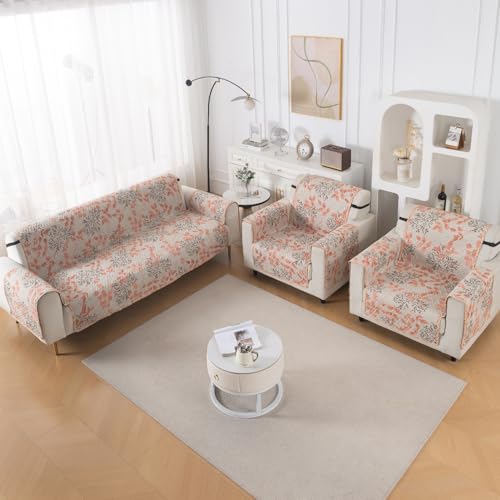 Image of HOKIPO AB Dual Design Quilted Sofa Cover 5 Seater, 3+1+1 Sofa Cover Set, Easy Drape Series, Peach Leaves (NEW-IN-1101 + IN-1099 * 2-ED3)