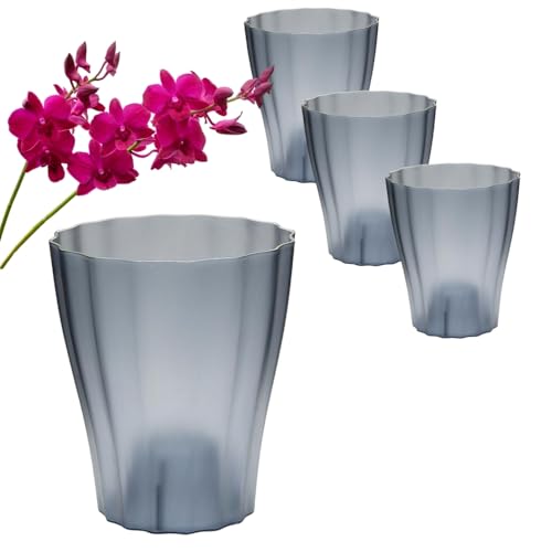 GarPet 4er Set Orchideentopf Transparent Orchideen Übertopf Pflanztöpfe Übertöpfe für Orchideen aus Kunststoff Innen Durchsichtig Elegant 16 cm rauchfarbig