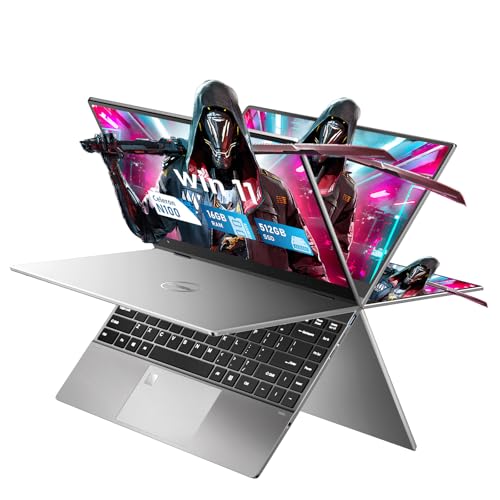 FUNYET Portátiles 2 en 1, Procesador N100 16GB RAM 1TB SSD Win 11 PC Laptop, PC Portátil de 14 Pulgadas Yo-ga, Teclado Bluetooth con Retroiluminación y Desbloqueo de Huellas Dactilares (512GB, N100)