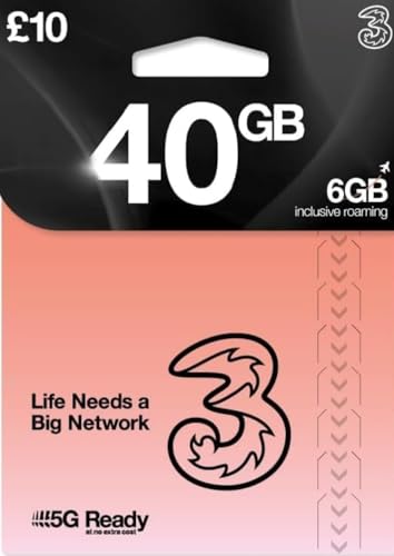 Three Pay As You Go Sim Card With 40GB of data and Unlimited Minutes/Texts
