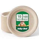 JOLLY CHEF Compostable Heavy Duty Plates 𝟭𝟬 𝗜𝗻𝗰𝗵 [𝟭𝟬𝟬 𝗣𝗮𝗰𝗸] Eco-Friendly Disposable Natural Paper Plate Bagasse Biodegradable Food Trays for Party Dinner Hot Cold Food Christmas (Brown)