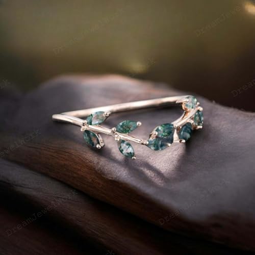 Marquise Cut Moss agate Curved wedding band 14k Rose Gold wedding Jewelry band Nature Inspire Leaf Art Deco Ring Bridal Promise Anniversary ring Valentine Day Gift For Her4