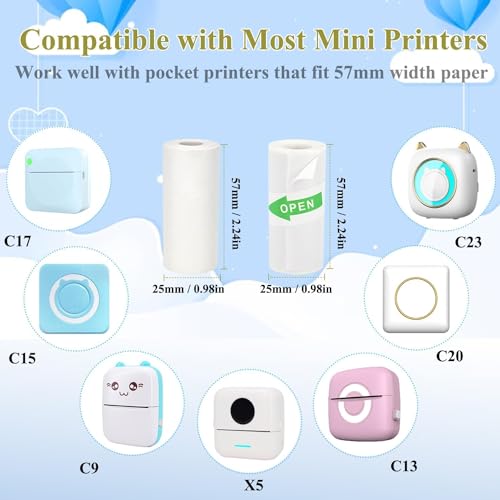 Image of 10Pcs Mini Printer Paper, 57 x 25 mm 5 Rolls Self Adhesive Thermal Paper Printable Sticker Paper and 5 Rolls White Printing Paper for Pocket Thermal Printer