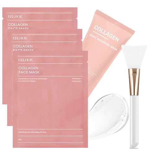 Collagen Night Wrapping Mask + Brush - with 3PCS Collagen Face Mask Overnight Set - Glass Skin Co-llagen Mask - Peel Off Facial Ma-sk for Lifting and Firming - Reduce Dullness, Hydrating, Moisturizing Collagen Night Wrapping Mask + Brush - with 3PCS Collagen Face Mask Overnight Set - Glass Skin Co-llagen Mask - Peel Off Facial Ma-sk for Lifting and Firming - Reduce Dullness, Hydrating, Moisturizing