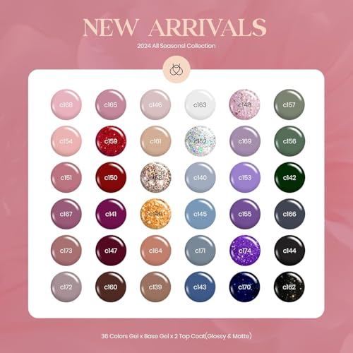 Beetles Gel Nail Polish Set 36 Colors Nail Gel Polish Kit Burgundy Red Blue Green Brown Gold Glitter Pink with Base Top Coat UV LED Needed Manicure Gifts for Women Neutral Elegance