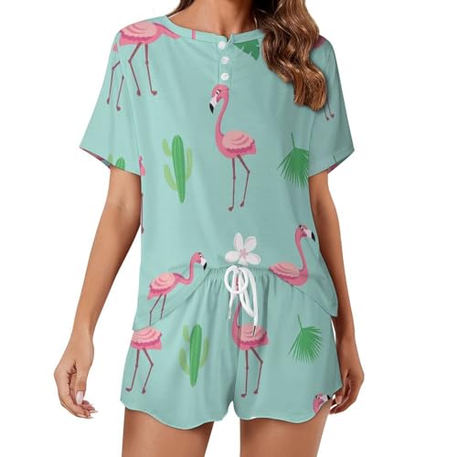 Pyjama flamant rose femme en coton léger idéal pour les nuits d'été fraîches