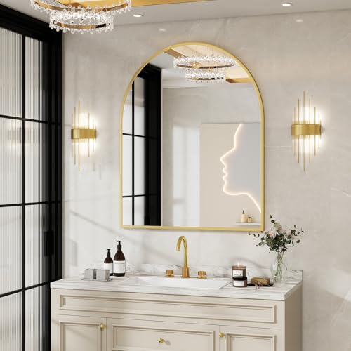 Image of BEAUTYPEAK 32 inchx42 inch Arch Bathroom Mirror, Wall Mounted Vanity Metal Frame Mirror for Bedroom, Entryway, Living Room, Gold