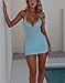 Crochet Halter Mini Dresses for Women Sexy Lace Up Backless Bodycon Sundress Deep V Neck Sleeveless Hollow Out Dress Blue