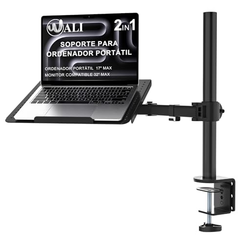 WALI Soporte de Escritorio para portátil con Bandeja, Brazo Totalmente Ajustable para 1 portátil de hasta 17 Pulgadas, Soporte para portátil con refrigeración ventilada, Opciones de Montaje duales,
