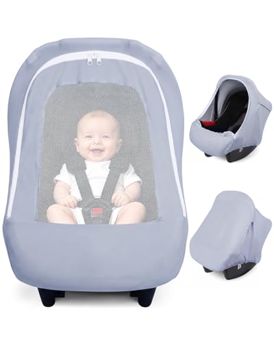 Image of Metplus Baby Car Seat Cover with Mesh Window, Breathable Carseat Canopy, Windproof Summer Sun Shade, Infant Carrier Stroller Covers for Girls Boys, Stretchy Universal Fit (Grey)