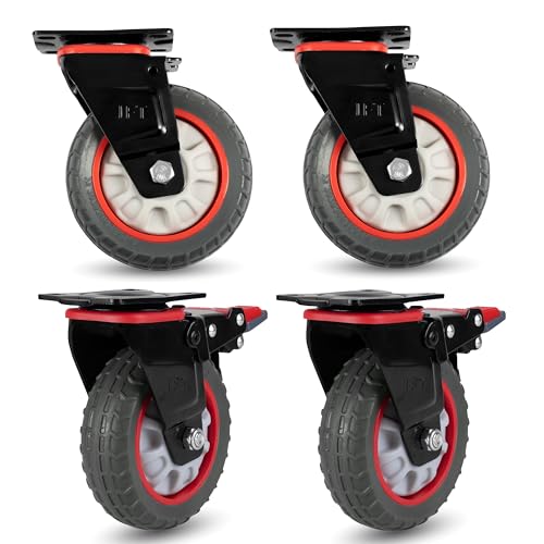 Image of Iron Forge Tools Heavy Duty Swivel Knobby Casters Set of 4, 6 inch Height, 5 inch Diameter, Solid PU Knobby Tread Heavy Duty Wheels, Swiveling Bases, Two Casters with Brakes, Two Without, Black & Red