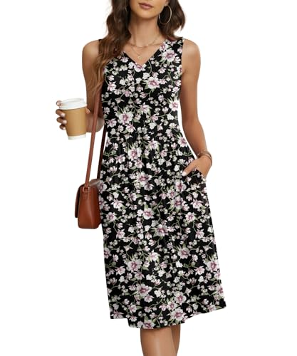 Image of NILOUFO Sleeveless Dress for Women Summer Knee Length Sundress with Pockets | Sundresses for Women Tank Empire Waist Sun Dress Cold Shoulder Casual V Neck Midi Dress Flowy Summer Dresses for Women
