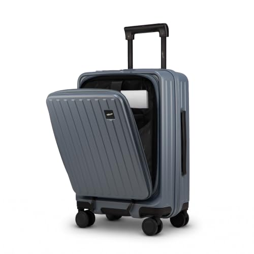 Image of F Gear Sedona Small Cabin Pro 54cm German Polycarbonate Hard Luggage|8 Japanese Hinomoto Silent Wheels| USB & Type-C Charging, Phone Stand & Cup Holder | Front Opening Suitcase for travel (Stone Blue)