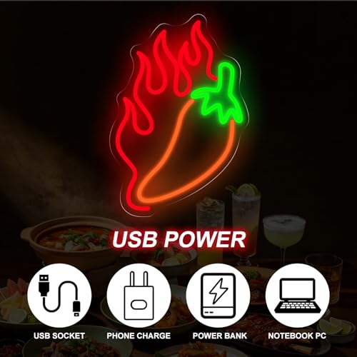 Image of Chili LED Neon Light Sign Spicy Food Restaurant Wall Art Decor, LED Wall Neon Sign Light For Beach Pub Fishing Club Sea Food Restaurant Shop Store Party Room Kitchen Decoration, 15.7 inchx10.8 inch