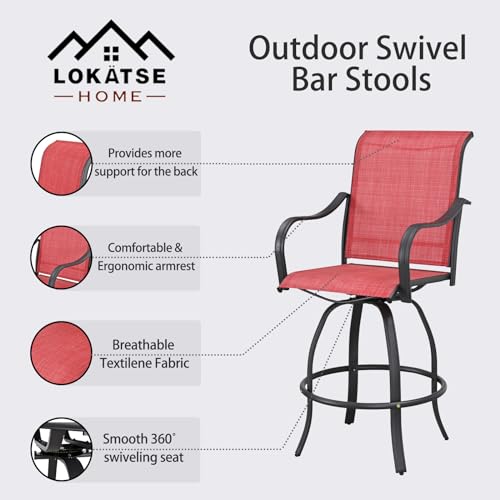 Image of LOKATSE HOME Bar Height Swivel Outdoor Chairs High Back Patio Stools with Arms Set of 2 for Lawn Backyard Garden Red, Tesling