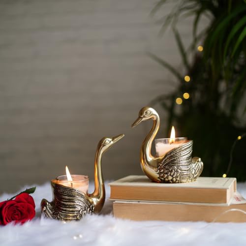 Image of BEHOMA Set of 5 Pair Aluminium Golden Swan Candle Holders with Gift Box