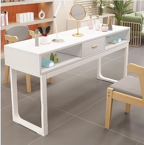 Tavolo Manicure Professionale di Grandi Dimensioni con Doppio Ripiano E Cassetti, Tavolo Manicure con Struttura in Metallo, Tavolo Manicure Tecnologico, Colore Legno/Bianco,Bl160cm