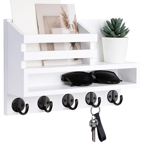 Lucundm Key and Mail Holder Wall Mount, Key Hanger with Long Storage Box and 5 Hooks for Coat, Dog Leash, Home Decor Rack, House Accessories, Entry Way Organizer 11.8”W x 7.8”H x 3.2”D