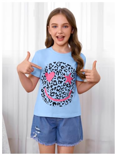 Image of WDIRARA Girl's Leopard Graphic T Shirt Crew Neck Short Sleeve Tee Shirts Cute Tops