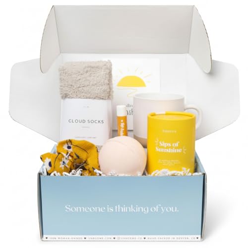 Unboxme Sunshine Spa Gift Basket for Women, Care Package with Tea, Mug, Bath Bomb, Socks, Self Care Gifts for Women, Get Well