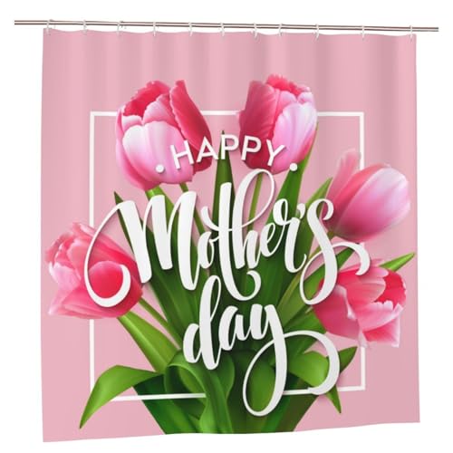 Yomane Happy Mothers' Day Shower Curtain for The Bathroom, Pink Flower Shower Curtain Set 72x72 Inches, Waterproof Fabric with Hooks Home Bath Decoration