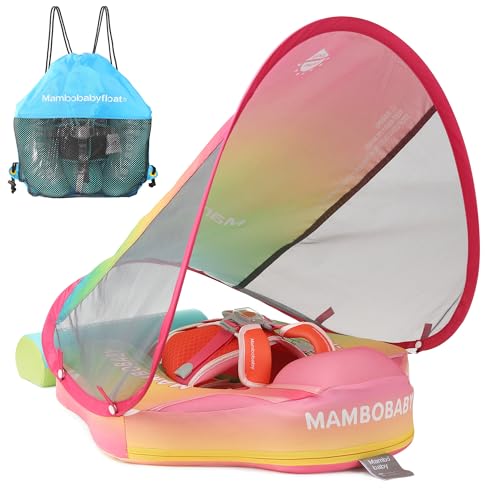 Image of Mambobaby Float Add Tail Baby/Infant Swim Float with Canopy, Non-Inflatable Solid Upgrade Soft Waterproof Skin-Friendly Leather Material (Deluxe Edition Rainbow)